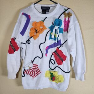 Vintage ugly Sweater Women Medium Sequin 3D Clothesline Novelty‎ 80s Spree